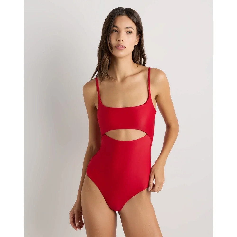 Quince Italian Cut-Out One-Piece Swimsuit Cherry Red Size S NWT
